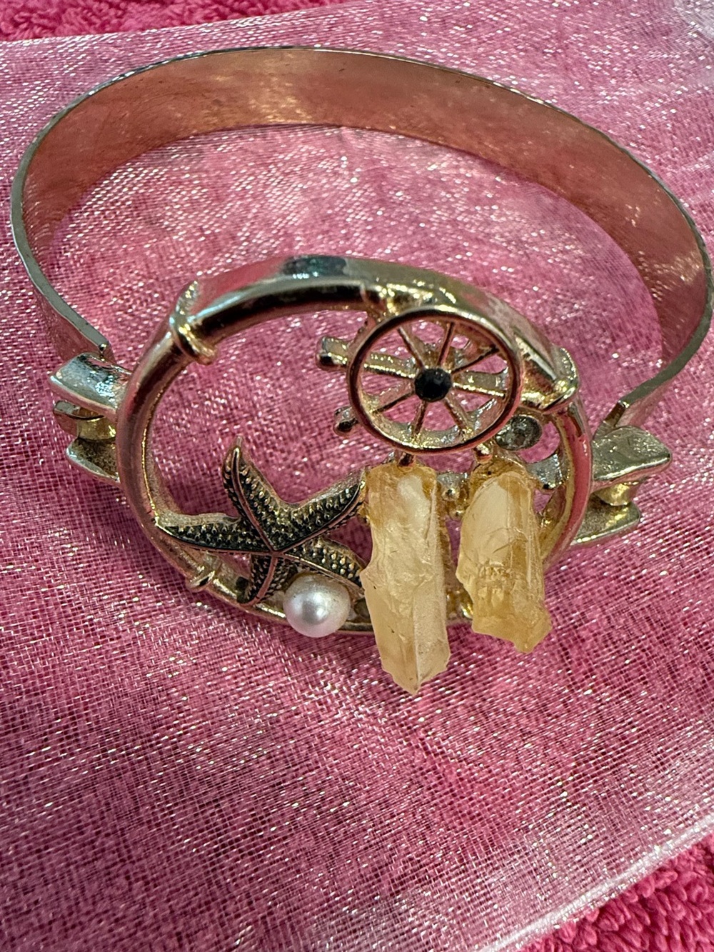 Coastal Nautical starfish pearl & yellow gem gold tone bracelet